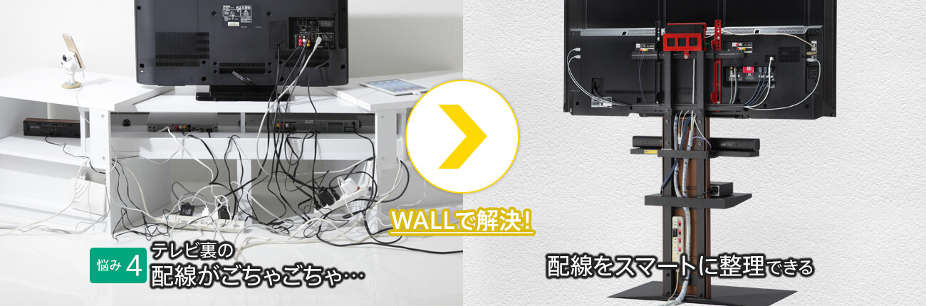 ［【悩み4】テレビ裏の配線がごちゃごちゃ］ WALLで解決→ ［配線をスマートに整理できる］